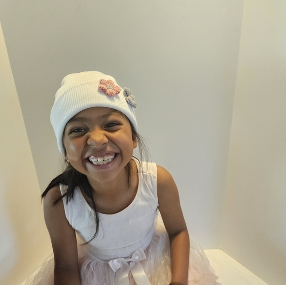 Hand Crafted Upcycled white beanie  hand Crochet pink gray flowers winter hat 8" - Picture 3 of 17